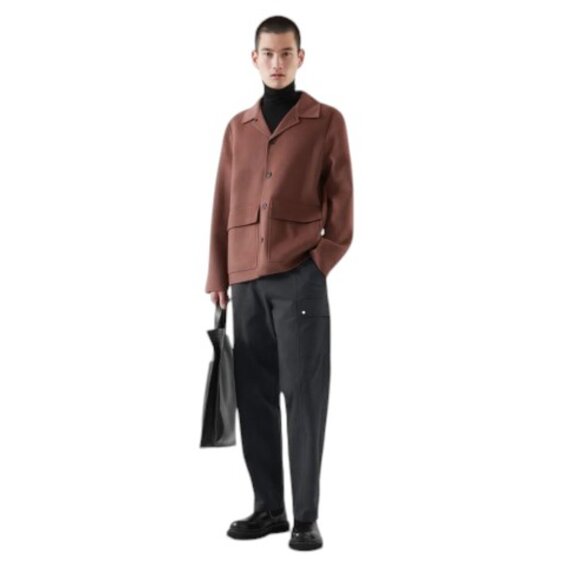 COS Large Pocket Button Up Utility Wool Jacket in Burgundy - Picture 1 of 13